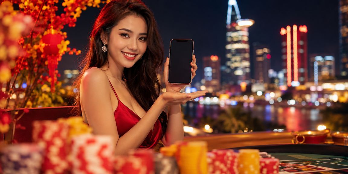 Người dùng tại TP. Hồ Chí Minh chơi casino trên điện thoại với ánh đèn neon