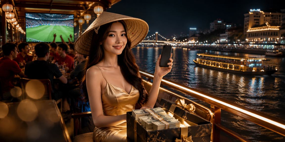 Người phụ nữ đội nón lá vùng Mekong chơi casino trực tuyến trên điện thoại di động